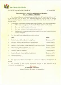 Read more about the article ENHANCED ENTRY POINT FOR NURSING OFFICER CADRE: SGL.10 – 17 FOR B.Sc NURSING